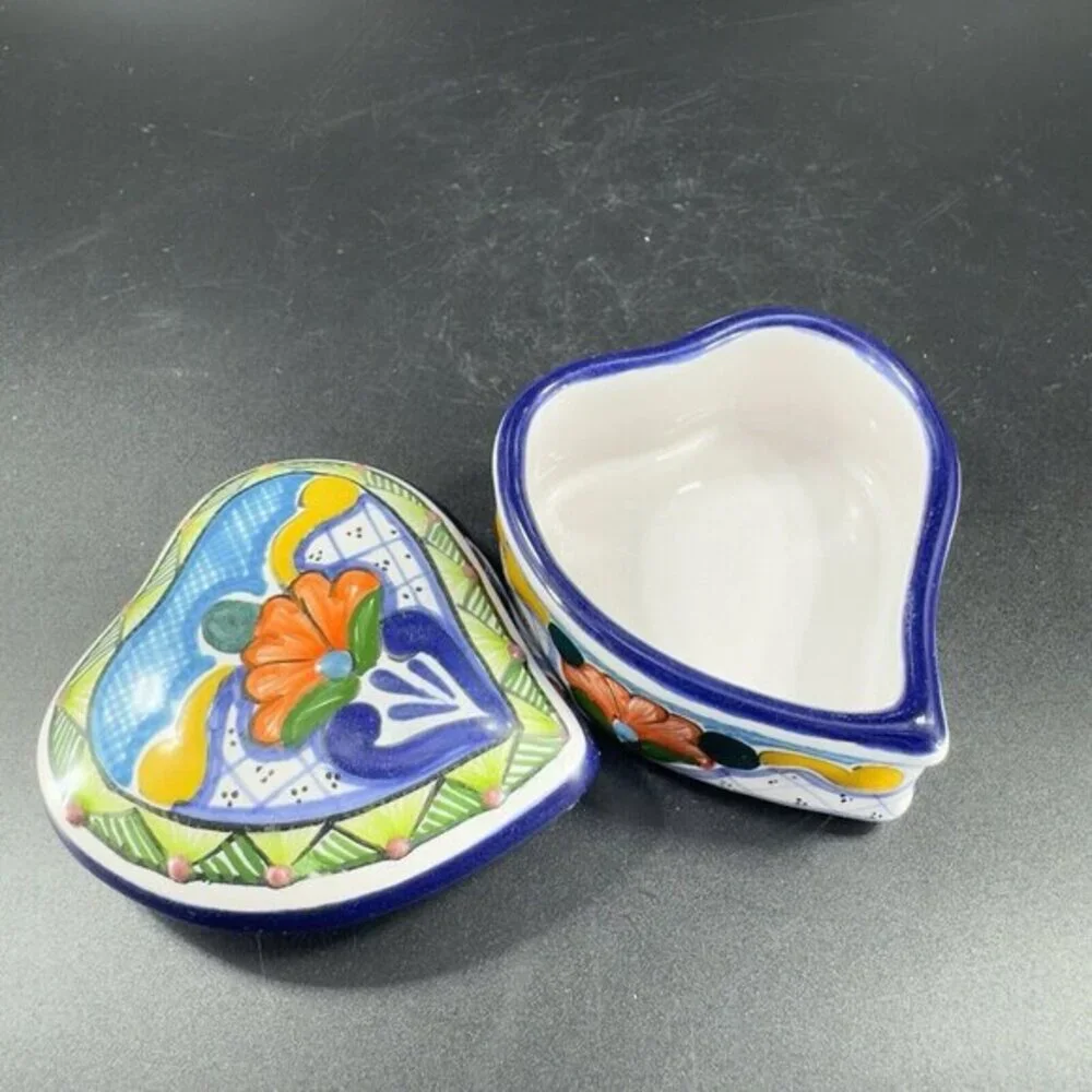 Mexico‎ Talavera Pottery Heart Shaped Trinket Dish Container Jewelry Holder VTG